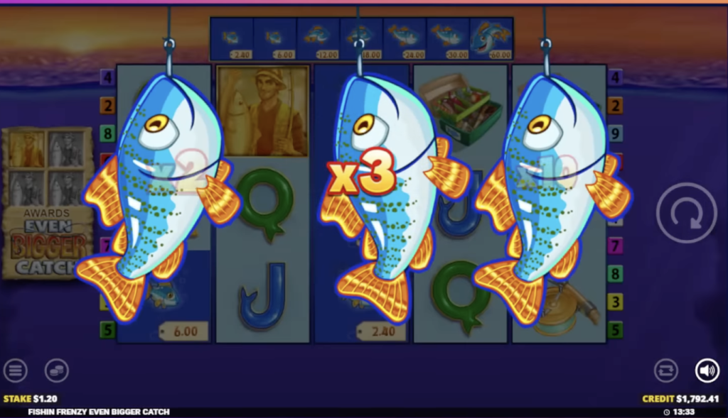 Image of Fishin Frenzy slot gameplay featuring bonuses