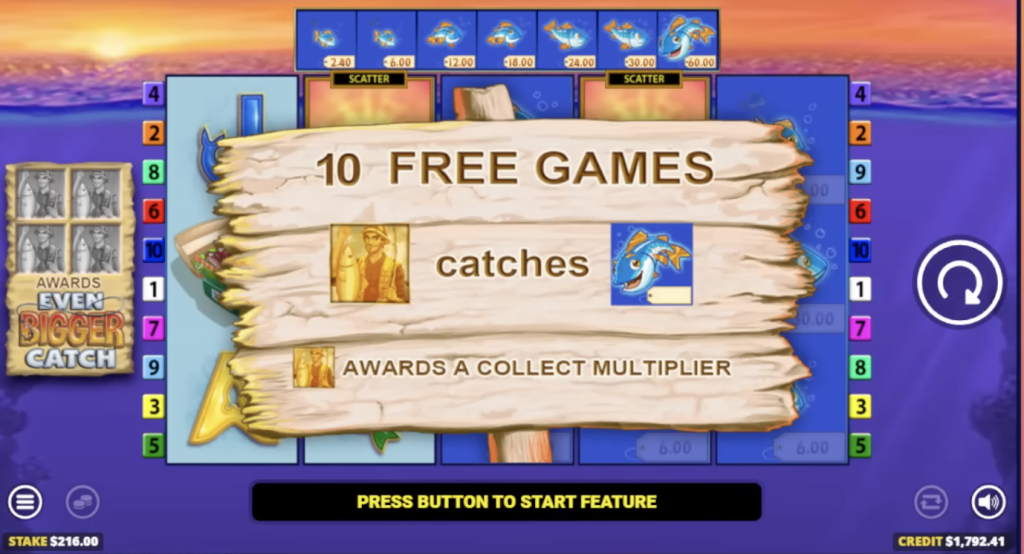 Image of Fishin Frenzy slot gameplay featuring free games